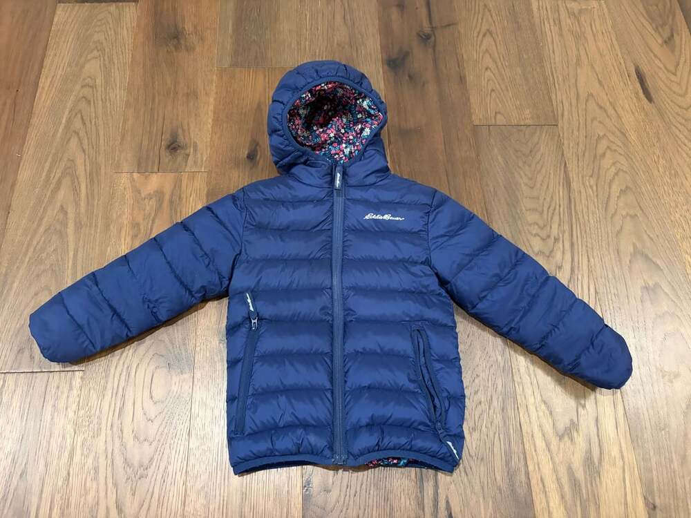 Eddie Bauer Down Jacket Size XXS 4 Blue Floral Hooded Puffer